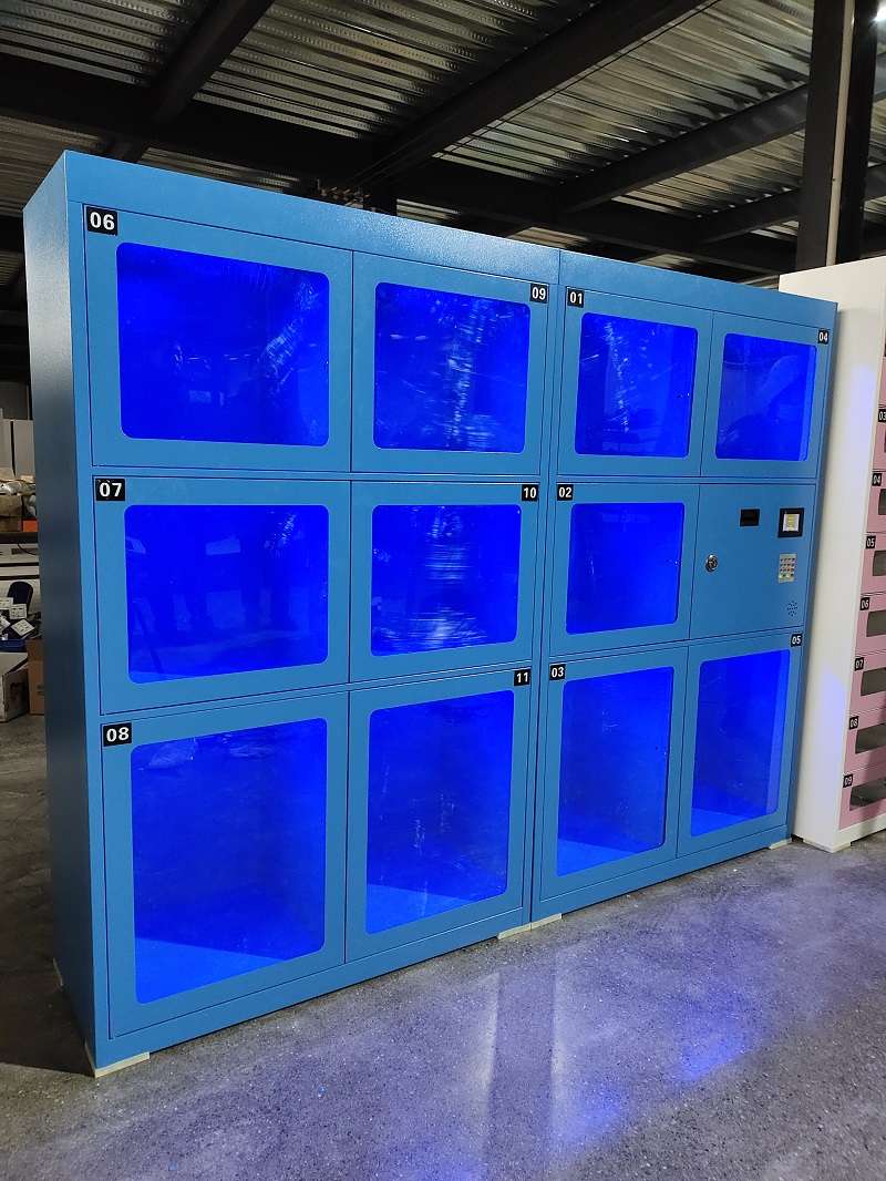 蓝色透明售货柜,英文版自动售货柜,千鸣智能售货柜厂家